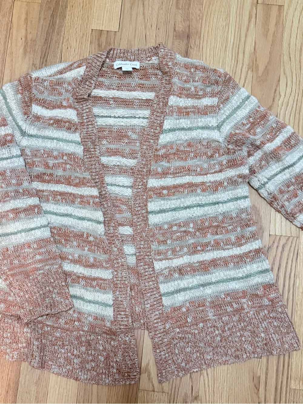 Coldwater Creek Open-Front Striped Cardigan in Rust, Cream & Sage